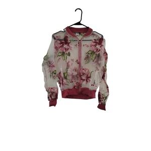 Cleo Apparel Sheer Floral Bomber Jacket Pink White Mesh Full Zip Womens Large